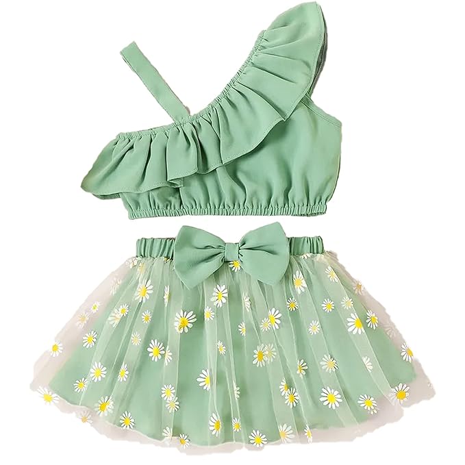 Latest Stylish Fancy Baby Girls Pista Green Pure Viscos Cotton Rayon Crop with Floral Printed Skirt on Birthday