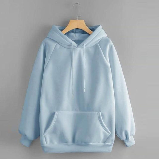 Popster Sky Blue Solid Fleece Hoody Regular Fit Long Sleeve Womens Sweatshirt